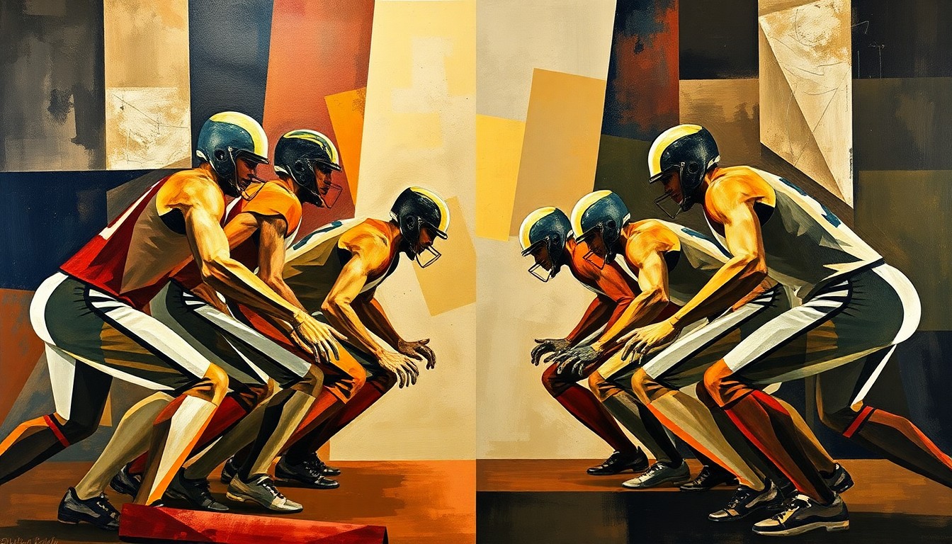 A cubist, geometric painting depicting the abstract forms of a defensive line, with players' bodies broken down into sharp, overlapping planes of color, conveying the power and physicality of the game.