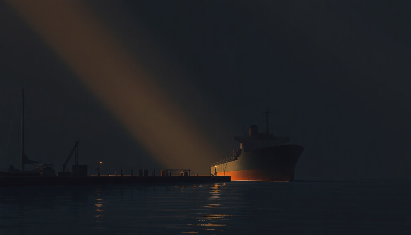 A serene oil painting depicting a lone cargo ship docked in a harbor, the vessel's hull and superstructure casting long shadows across the water as warm sunlight filters through the scene, conveying a sense of quiet contemplation around the geopolitical significance of maritime trade routes.
