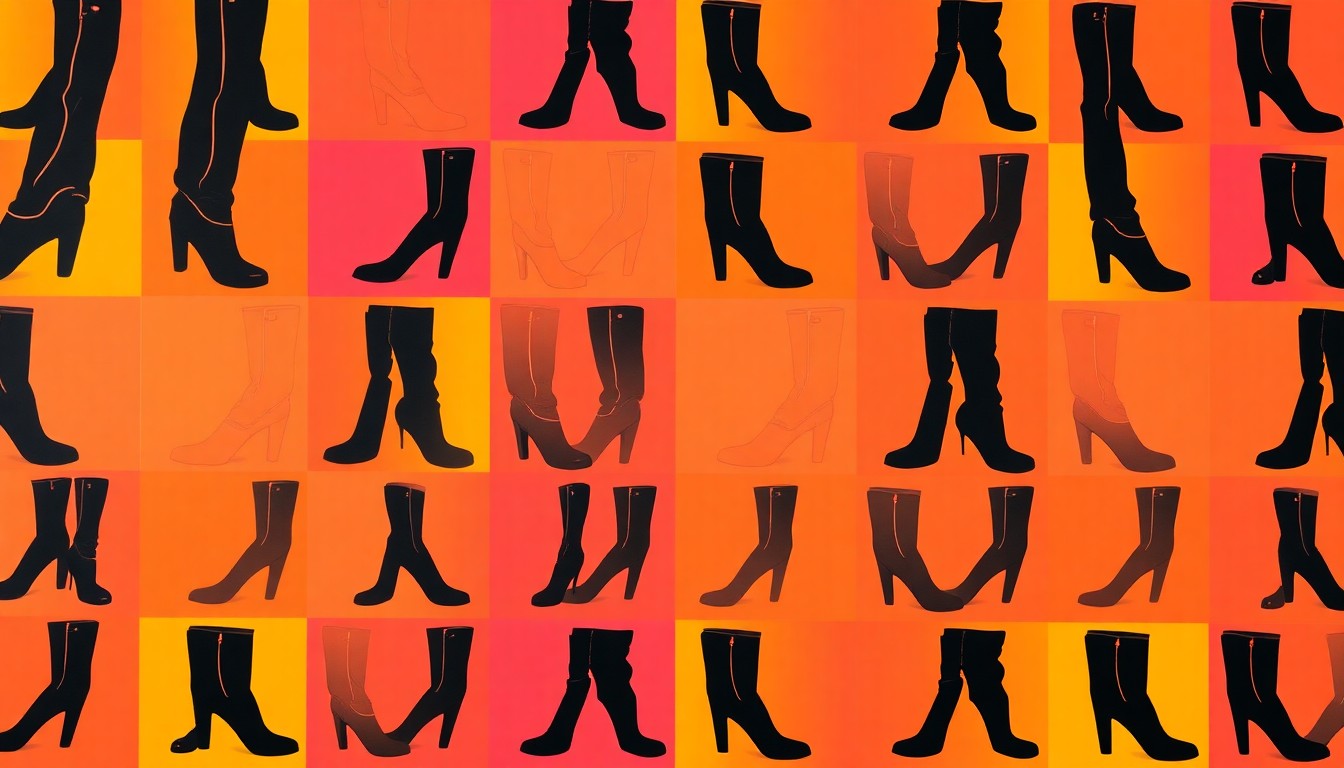 A high-contrast, silkscreen-style illustration featuring a repeating pattern of black bootcut trousers in a grid, rendered in vibrant neon colors and heavy black outlines, capturing the essence of a modern, fashion-forward trend.