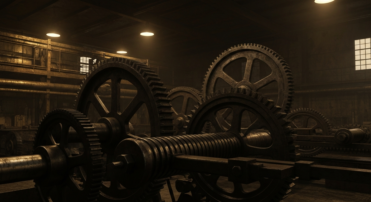 An extreme close-up of heavy, industrial banking and investment equipment in muted tones, representing the complex financial systems supporting Amazon's growth as an e-commerce and cloud computing leader.