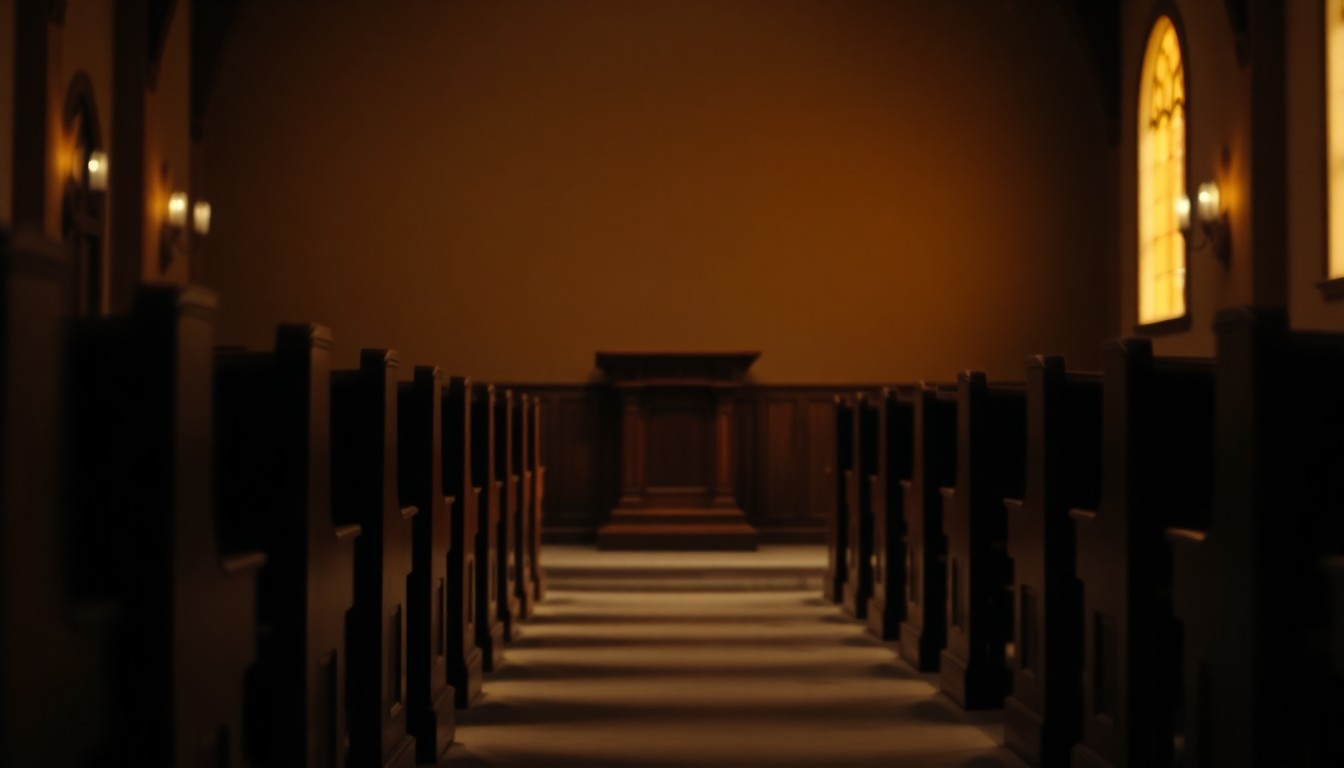 An extremely abstracted, out-of-focus photograph in soft pools of warm color and light, depicting the serene interior of a church or community space, conveying a sense of quiet contemplation and legacy.