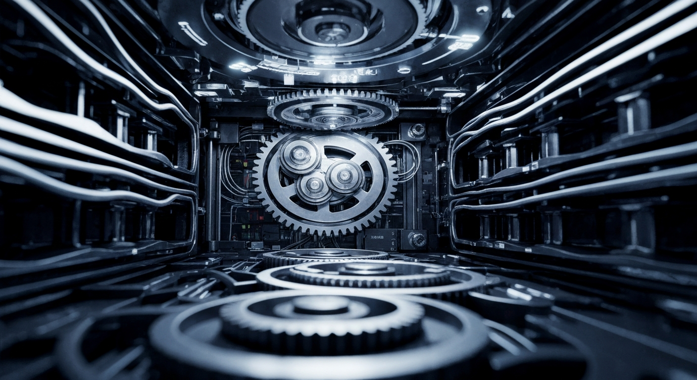 A highly detailed, black-and-white close-up image of the complex inner mechanisms and components of a high-tech financial data server, conveying the complex infrastructure that powers modern markets and investments.