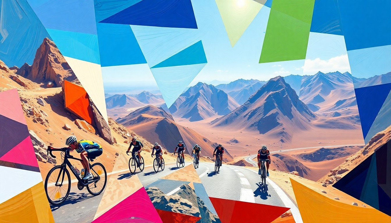 A cubist, geometric painting depicting the UAE Tour cycling race on the Jebel Mobrah climb, with fragmented and overlapping shapes in vibrant colors representing the cyclists, the mountain landscape, and the intense competition.