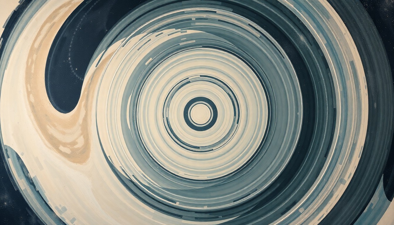 A highly structured abstract painting in muted tones, featuring sweeping geometric arcs, concentric circles, and precise spirals, conceptually representing the complex scientific forces and challenges of space weather that the Artemis 2 mission must navigate.