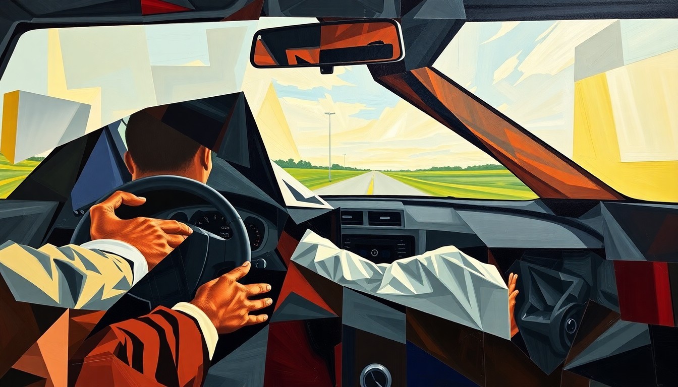 A cubist-style painting depicting a fragmented, multi-perspective view of a car crash scene, with sharp geometric planes and no recognizable elements, conceptually representing the complex issues surrounding Tiger Woods' recent incident.