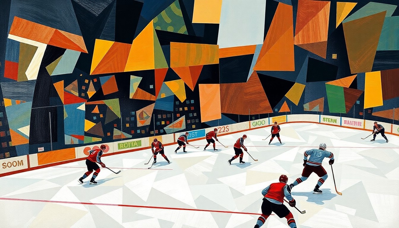 A cubist, geometric painting depicting a hockey game in abstract, overlapping shapes and planes of color, capturing the dynamic energy and motion of the sport.