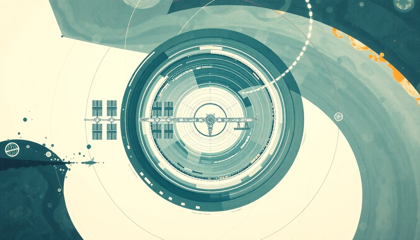 A highly structured abstract painting in soft earthy tones of blue, green, and orange, featuring sweeping geometric arcs, concentric circles, and precise botanical spirals, conceptually representing the global cooperation and scientific structures of the International Space Station.