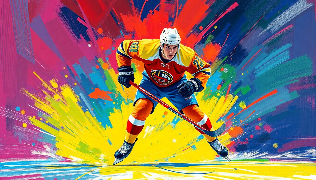 An abstract, energetic painting in neon colors depicting the dynamic movements and raw emotion of a hockey player, symbolizing the triumph of overcoming adversity.
