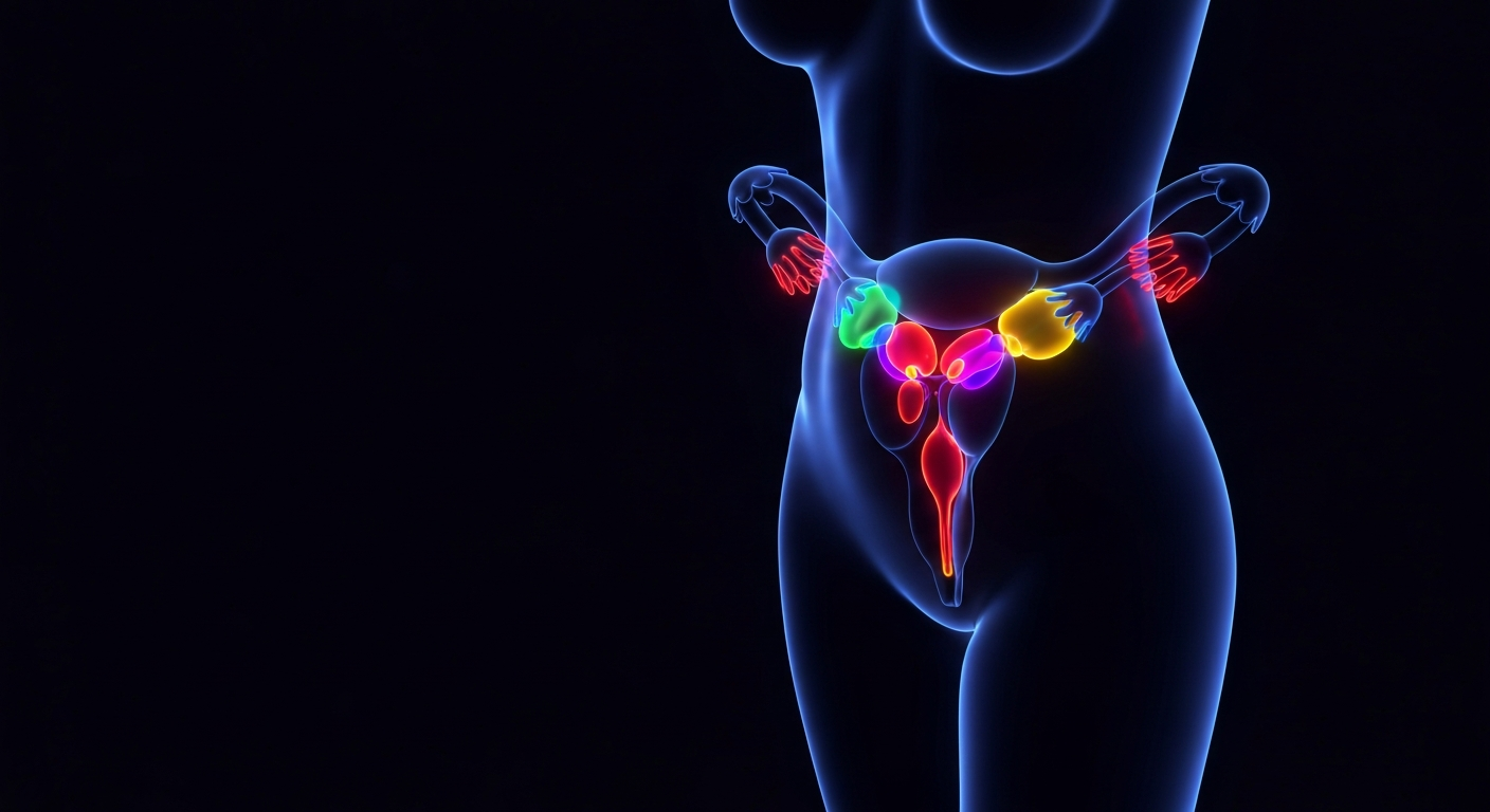 A minimalist, neon-outlined 3D model of the female reproductive system, with key areas affected by endometriosis glowing in bright colors against a dark background, conveying the complex and often invisible nature of this condition.