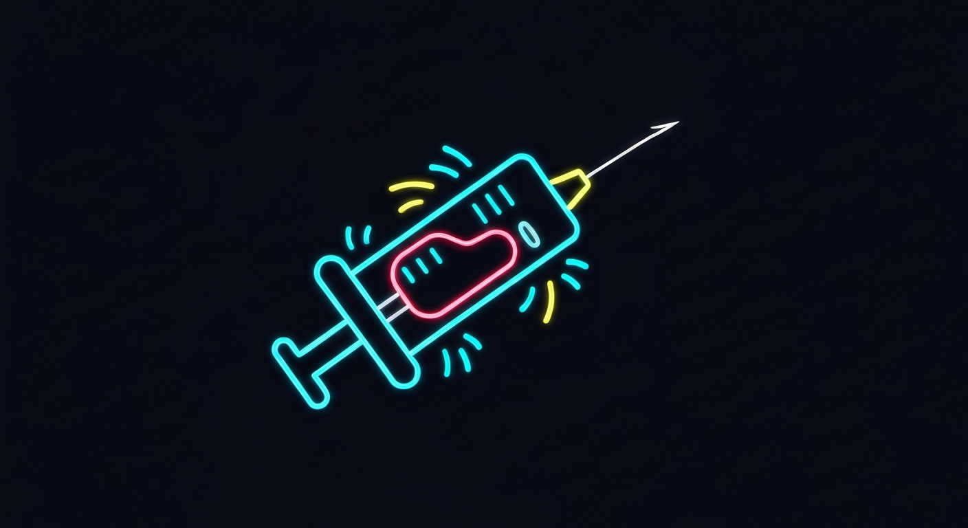 A minimalist illustration in the style of Keith Haring, featuring a glowing neon outline of a medical syringe or blood bag against a dark background, conceptually representing the complex issues surrounding the demand for 'unvaccinated' blood.