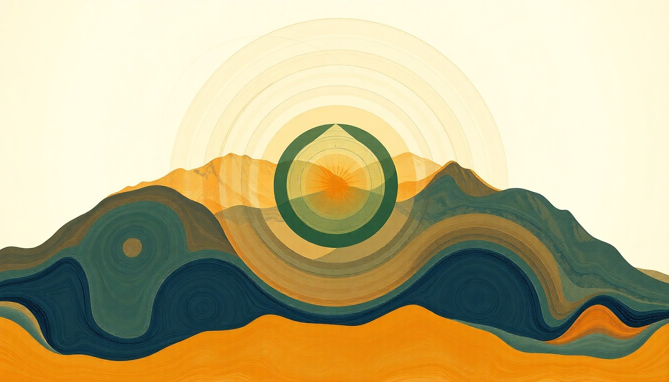 A bold, abstract painting in earthy tones featuring sweeping geometric arcs, concentric circles, and precise botanical spirals, conceptually representing the complex geological forces and ancient marine life that shaped the Himalayan mountains over millions of years.