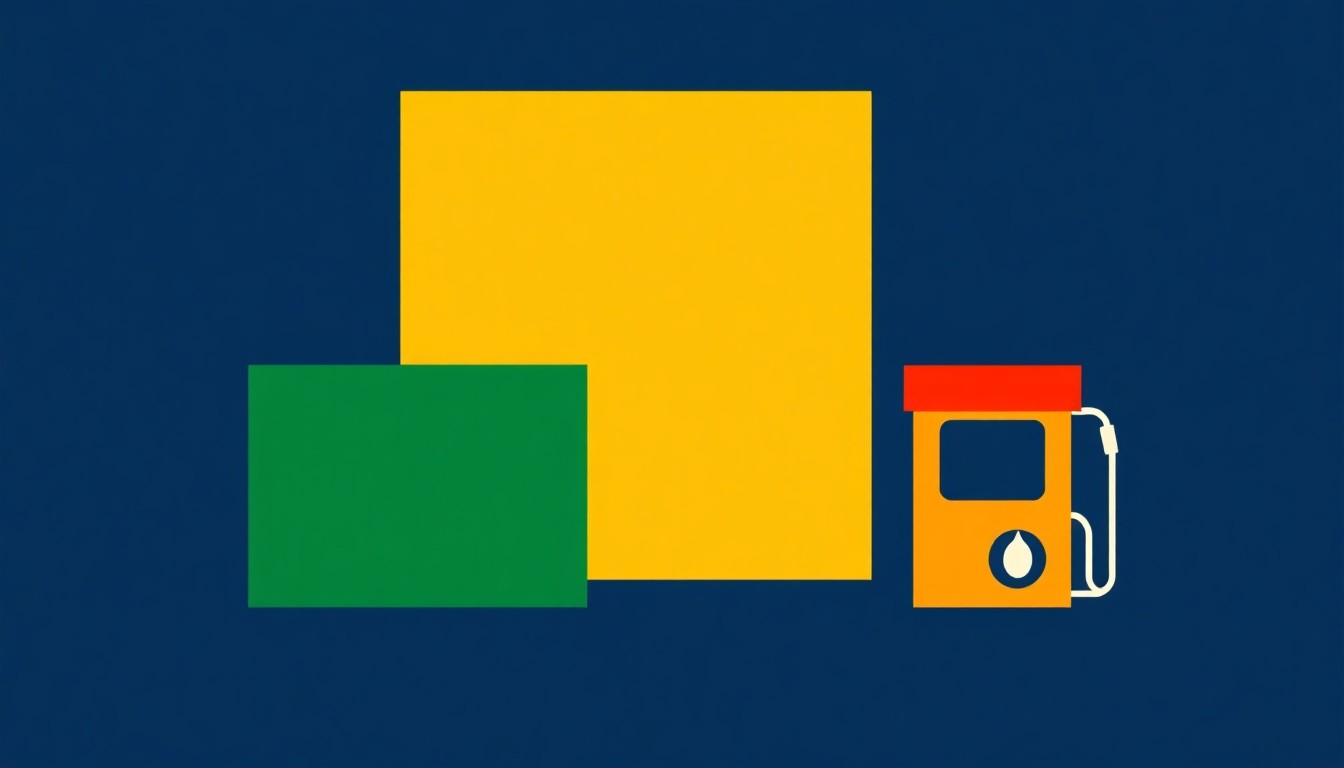 A vibrant, minimalist composition featuring bold geometric shapes in primary colors, conceptually representing the economic challenges facing Australians with rising health insurance premiums, expiring energy relief, and uncertain fuel tax cuts.
