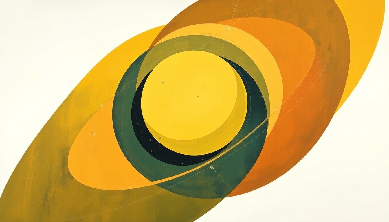 A bold, abstract painting in earthy tones depicting sweeping geometric arcs, concentric circles, and precise botanical spirals, representing the complex scientific forces and concepts behind the discovery of the bizarre lemon-shaped exoplanet with a diamond atmosphere.