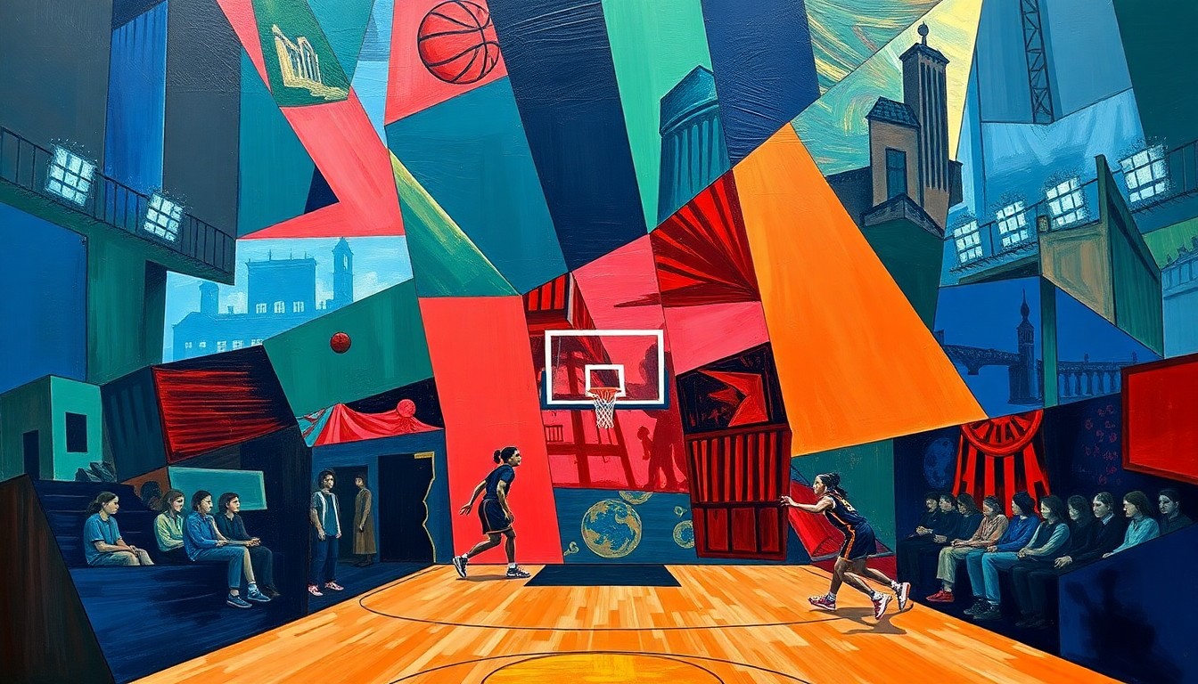 A cubist, geometric painting depicting the action of a girls basketball game, with players and the court fragmented into sharp, overlapping planes of color, conceptually representing the depth of talent showcased in the News-Review's All-Area teams.