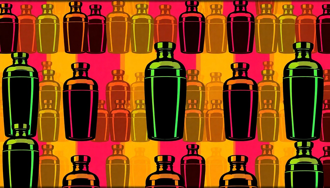 A highly stylized, vibrant silkscreen print featuring a repeating pattern of a vintage cocktail shaker in neon colors, conceptually representing the blend of old and new at Gaylord's new speakeasy restaurant.