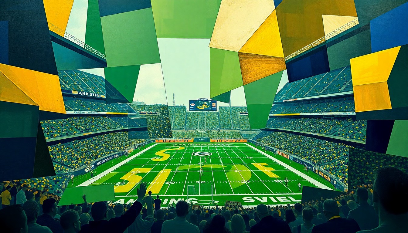 A cubist, geometric painting depicting a football game at Lambeau Field, with the field and stands broken down into sharp, overlapping planes of green, gold, and navy blue, conveying the energy and excitement of the event.