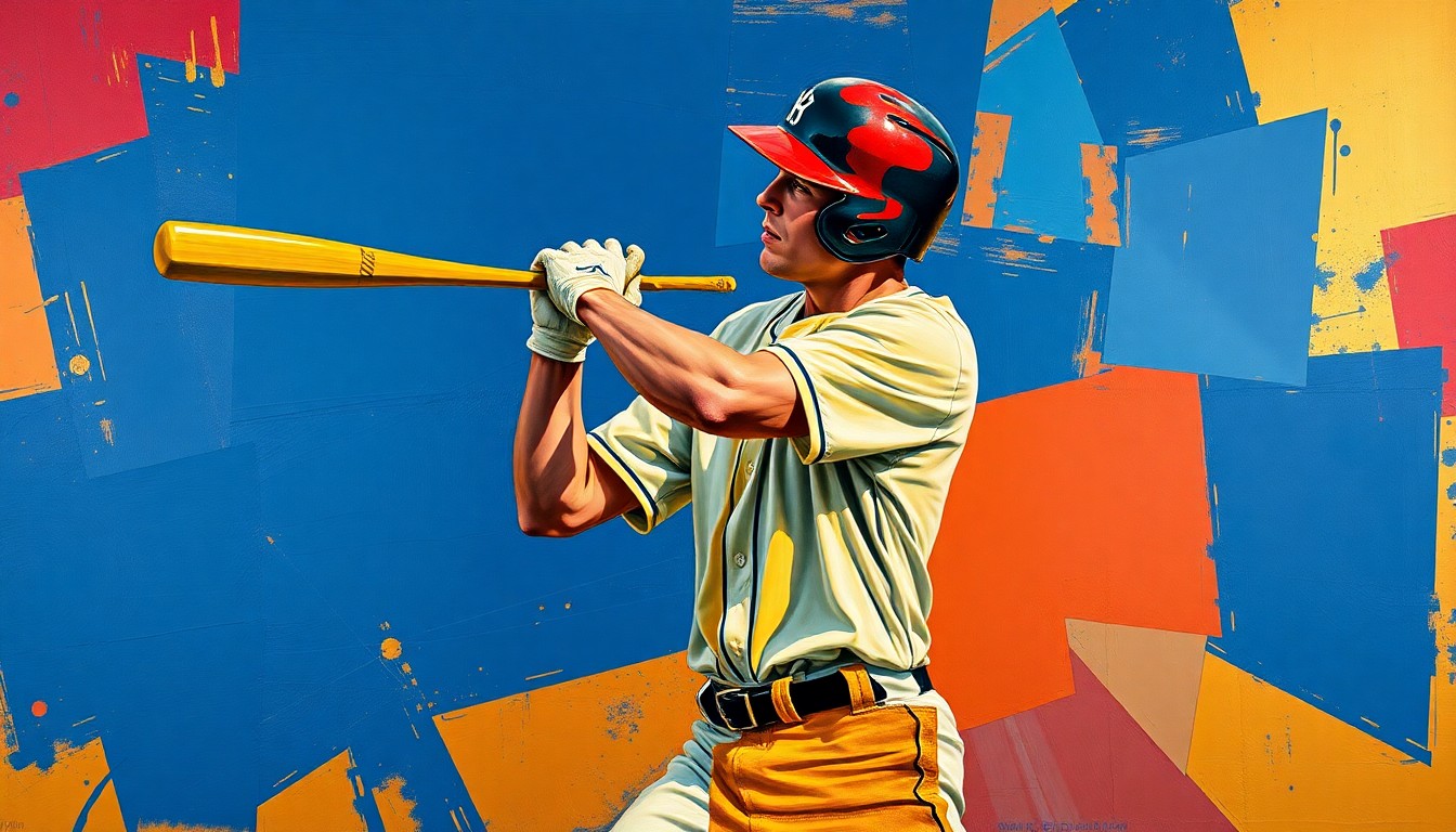 A fractured, cubist-style painting depicting a baseball player in mid-swing, broken down into sharp, overlapping geometric planes in a deep blue, red, and gold color palette, conceptually representing the strategic shift in the Pirates' approach to building a winning team.