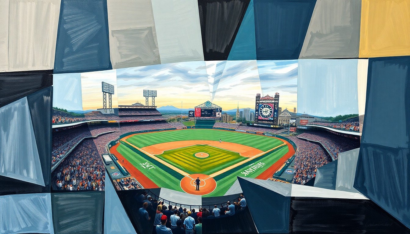 A cubist-style painting featuring overlapping geometric shapes and planes in shades of blue, green, and red, conceptually representing the fragmented and multi-platform nature of modern sports broadcasting.