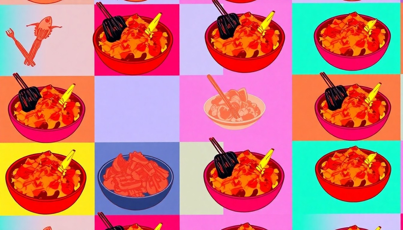 A vibrant, high-contrast silkscreen print featuring a repeated pattern of a single, iconic seafood dish like a poke bowl or clam cake, rendered in a bold, neon color palette with heavy black outlines in the style of pop artist Andy Warhol, conceptually representing the evolving culinary landscape of New Bedford.