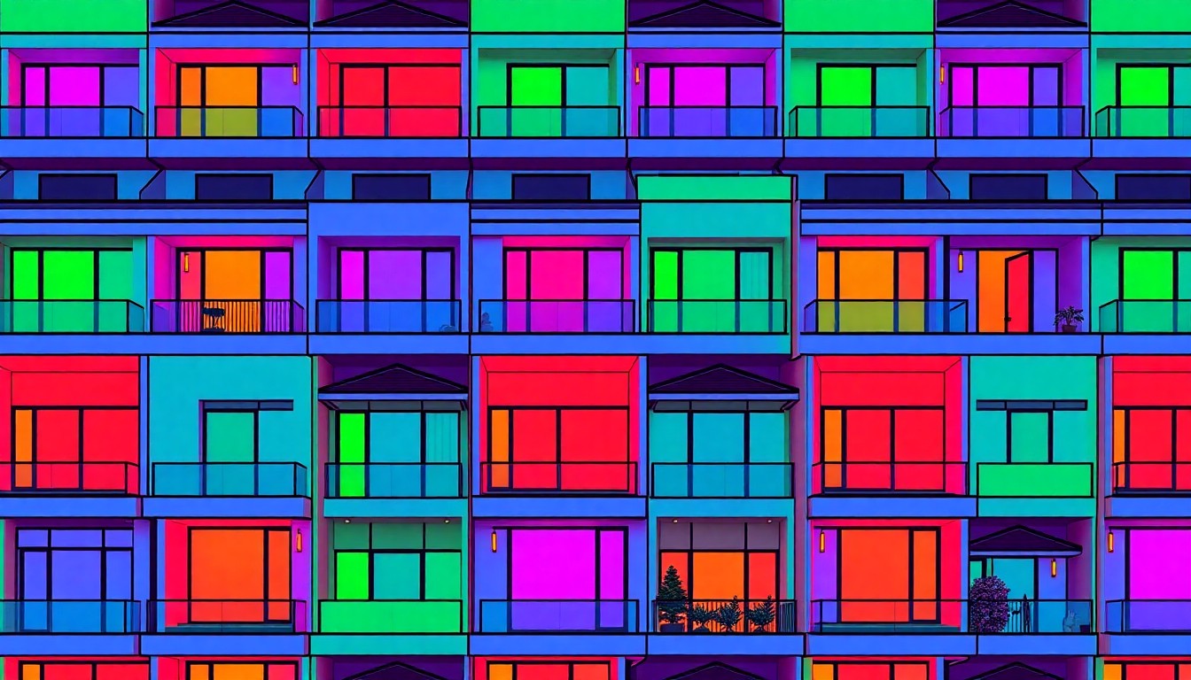 A highly stylized, pop art-inspired illustration featuring a repeating grid of colorful, geometric 3D-printed home facades in vibrant neon hues, conceptually representing the customized and sustainable housing options at the new Waco Surf residential development.