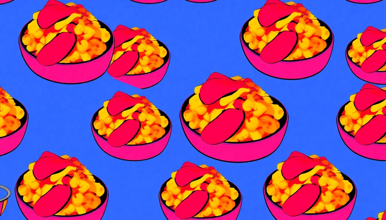 A brightly colored, high-contrast silkscreen print of a single, iconic lobster mac and cheese dish repeated in a tight grid pattern, capturing the vibrant and playful essence of this comfort food favorite.