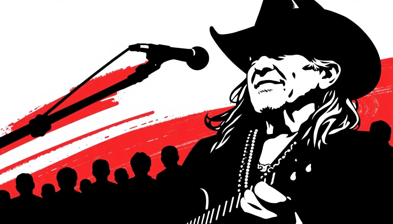 A minimalist, abstract illustration featuring bold black silhouettes of a guitar and a microphone against a bright red background, conceptually representing Willie Nelson's iconic country music style and his comeback performance at Baylor University.