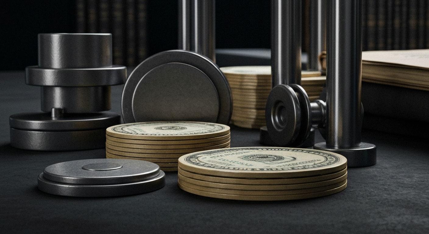 A highly detailed, black-and-white close-up image of gears, levers, and other industrial components, conceptually representing the intricate financial systems that power the medical technology sector.