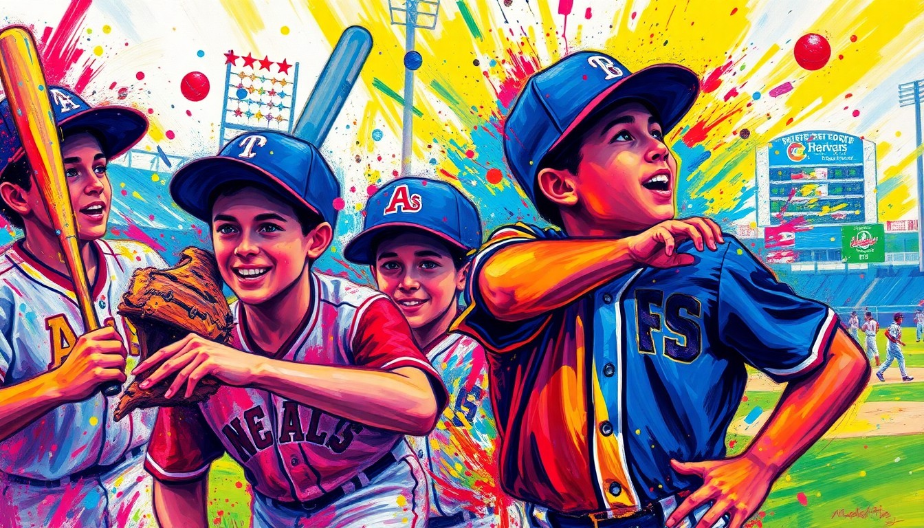 An abstract, expressionist painting in vibrant neon colors depicting the dynamic motion and energy of a high school baseball game, with players' forms and equipment blending into an energetic visual composition.