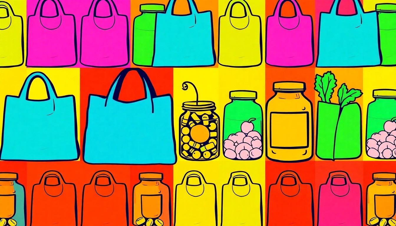 A highly stylized, brightly colored silkscreen print of a reusable grocery bag in a repeating grid pattern, conceptually representing the iconic status and community-focused mission of Rainbow Grocery Cooperative.