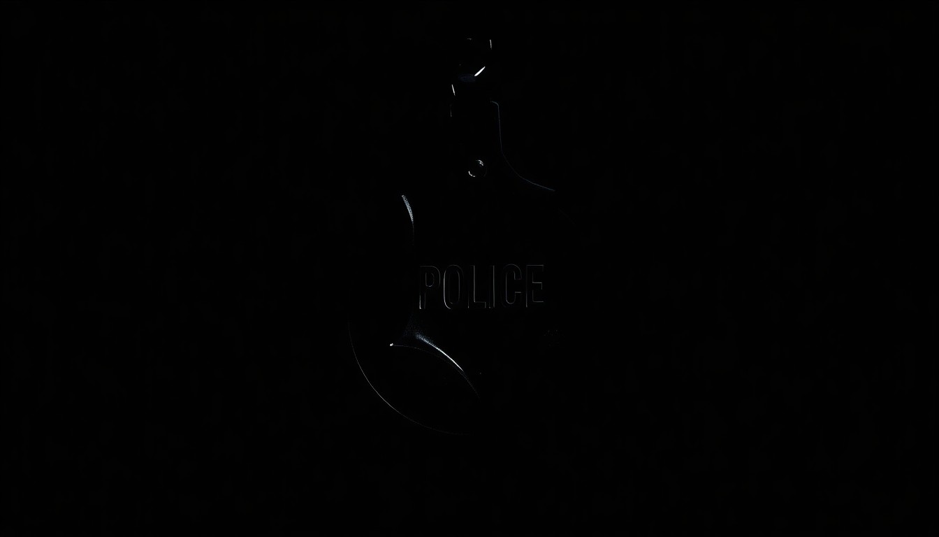An extreme close-up photograph of a police badge or handcuffs against a pitch-black background, lit by a harsh, direct camera flash to create a stark, gritty, investigative aesthetic.