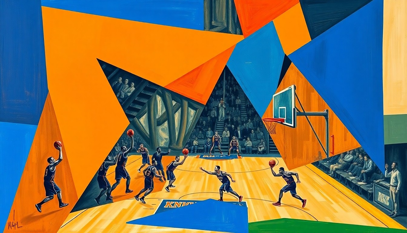 A fragmented, geometric painting depicting a Knicks basketball game, with the players' movements and the energy of the court broken down into bold, angular shapes in a vibrant color palette.