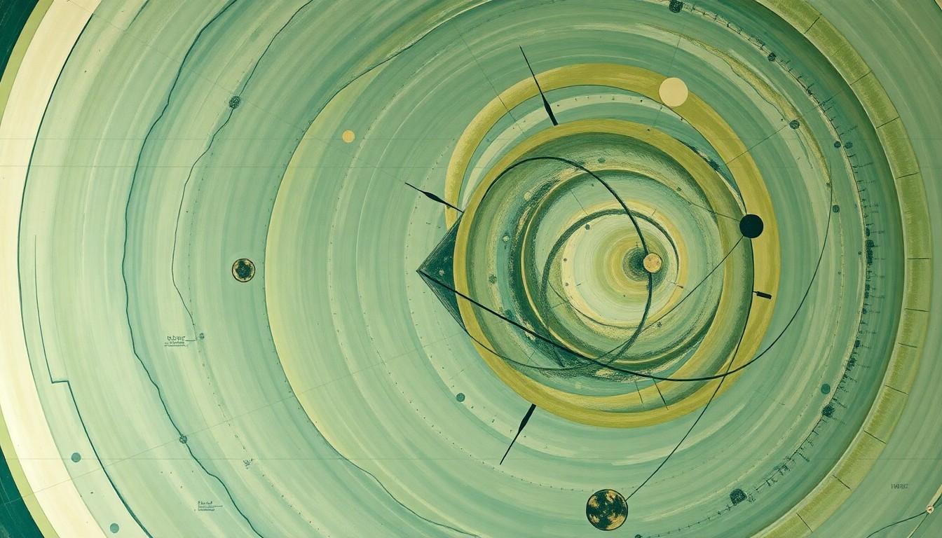 A bold, abstract painting in the style of Hilma af Klint, featuring sweeping geometric arcs, concentric circles, and precise spirals in earthy tones of green, blue, and brown, conceptually representing the complex forces and structures behind the Artemis II mission to the Moon.