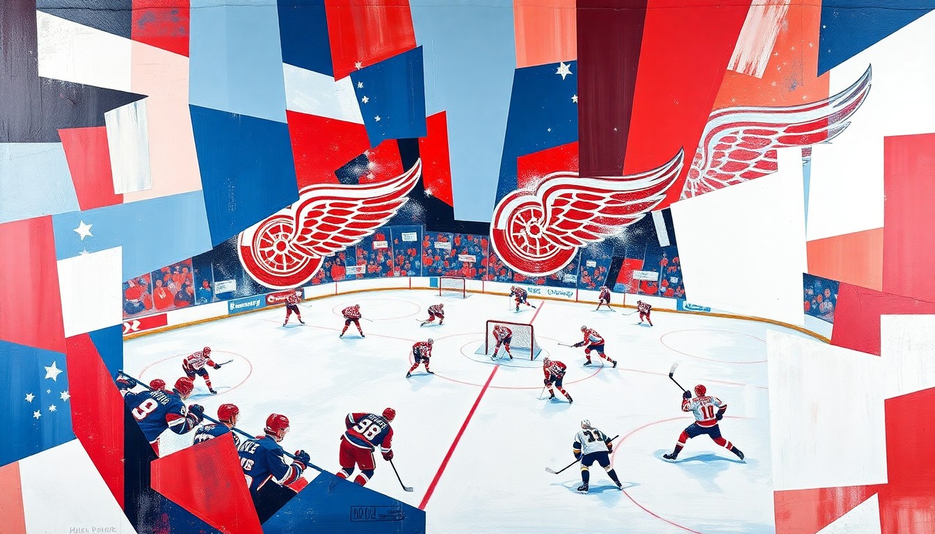 A fragmented, multi-angled painting depicting a hockey game, with the players and the rink broken down into sharp, overlapping planes of red, white, and blue, capturing the energy and intensity of the action.