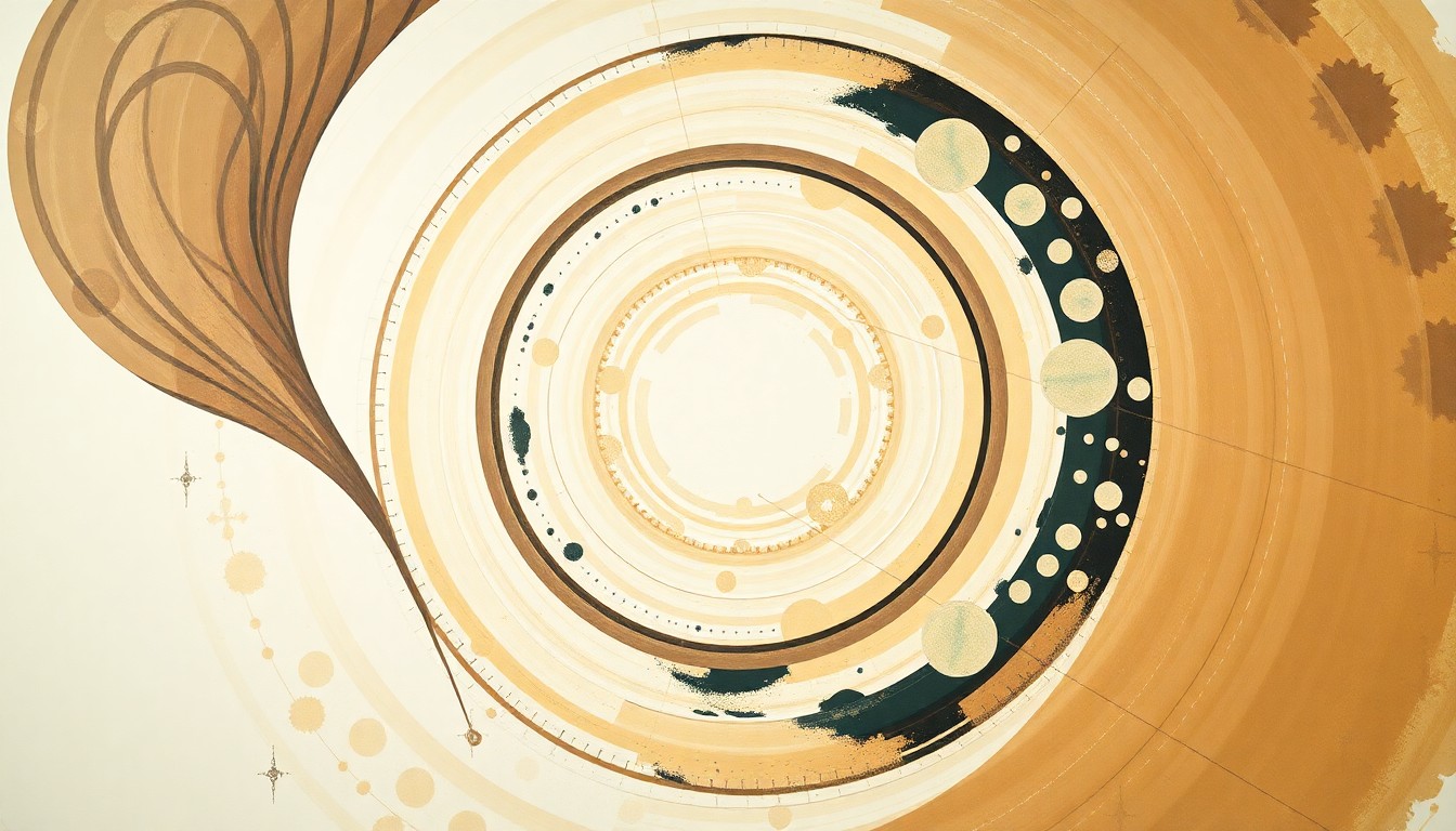 A bold, abstract painting in muted earth tones featuring sweeping geometric arcs, concentric circles, and precise spirals, conceptually representing the complex scientific forces and concepts involved in the Artemis II moon mission.