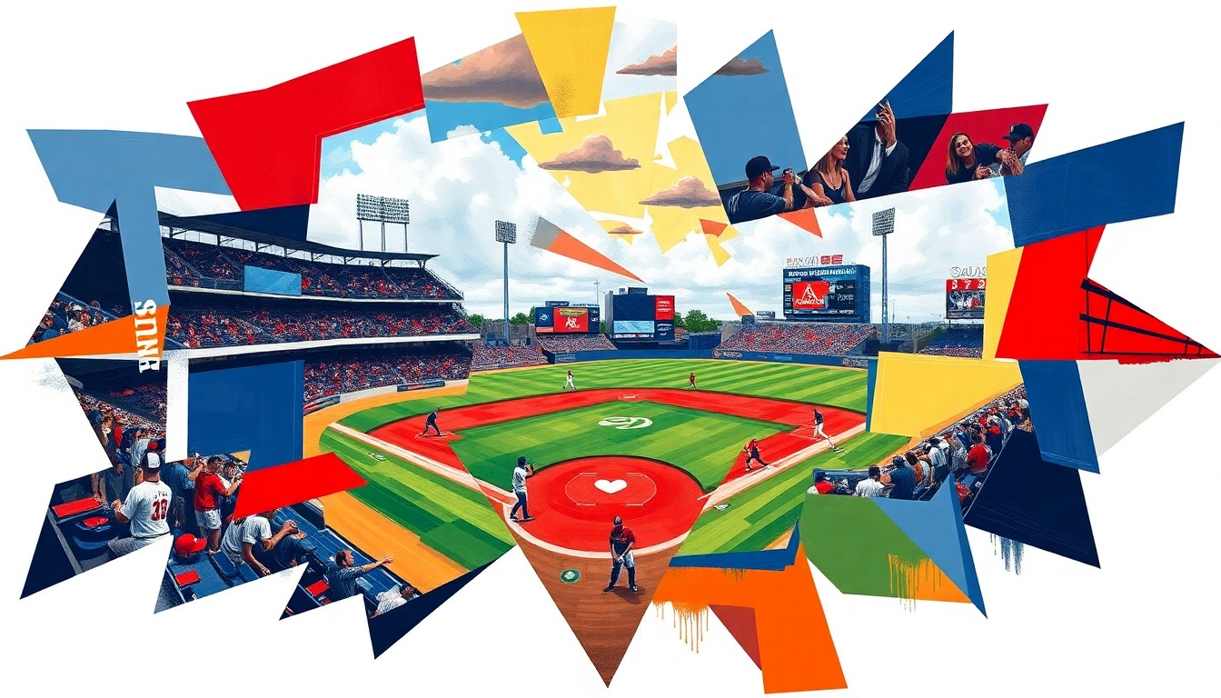A fragmented, geometric painting in the style of Pablo Picasso, featuring overlapping planes of navy blue, red, and white colors that represent the York Revolution baseball team. The image captures the dynamic movement and energy of a baseball game or match.