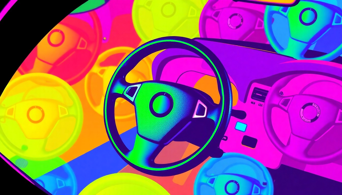 A highly stylized, abstract image composed of a repeating pattern of car steering wheels in vibrant neon colors, conceptually representing the restoration of driving licenses through a community program.