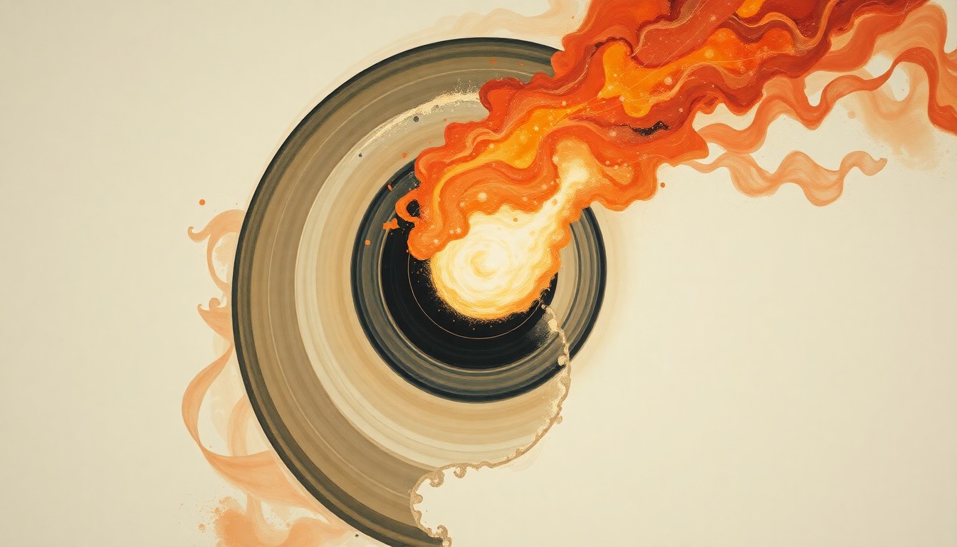 A highly structured abstract painting in soft, flat colors depicting sweeping geometric arcs, concentric circles, and precise spirals, conceptually representing the complex scientific forces and concepts involved in the Artemis II mission's fiery re-entry.