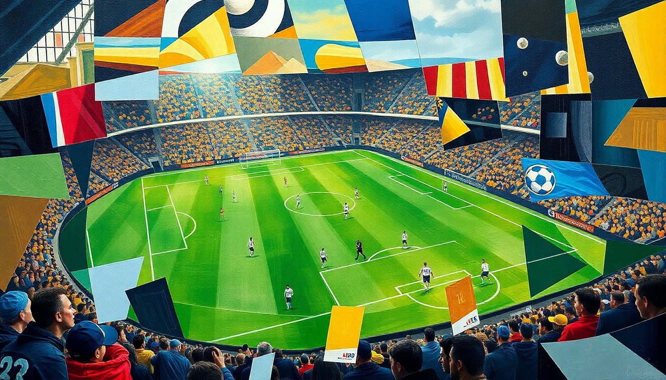 A fragmented, geometric painting depicting the dynamic movements and energy of a football game, with sharp lines and overlapping shapes representing the strategic complexity of the sport.