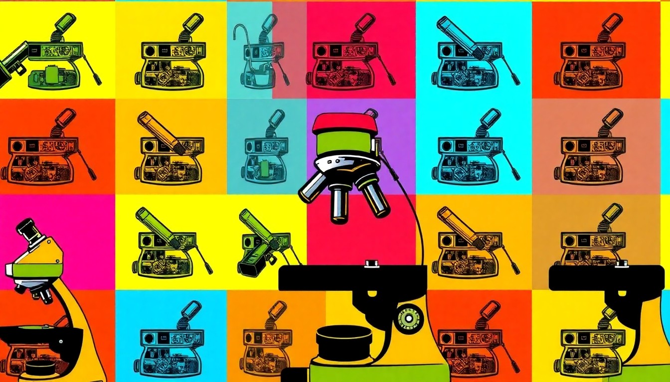 A bold, colorful silkscreen-style illustration of a microscope repeated in a grid pattern, representing the importance of STEM education in the community.