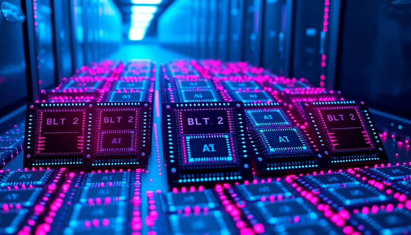 A highly detailed, glowing 3D illustration of a grid of Nvidia Blackwell AI chips in a data center, illuminated by vibrant neon lights, conceptually representing the hidden technological capabilities fueling China's AI ambitions.