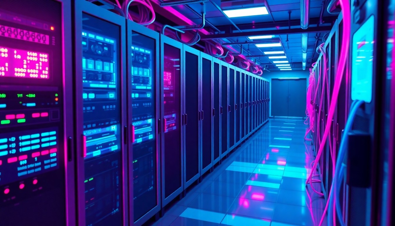 A highly detailed, glowing 3D illustration of a school's digital infrastructure, with servers, cables, and other tech elements illuminated by vibrant neon lights, conveying the growing cybersecurity challenges facing educational institutions.