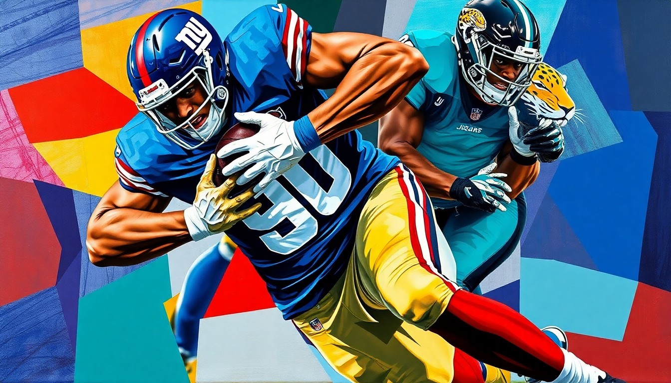 A cubist, geometric painting depicting a defensive tackle making a powerful tackle, with the player's form fractured and deconstructed into sharp, overlapping planes of color representing the Giants' and Jaguars' uniforms.