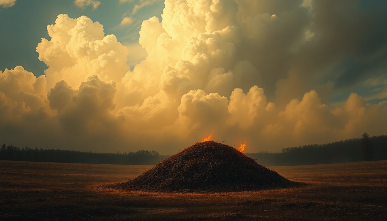A vast, atmospheric landscape painting in muted tones, with a smoldering mulch pile in the foreground dwarfed by a dramatic, hazy sky filled with billowing smoke, conveying the overwhelming scale and power of the natural world.