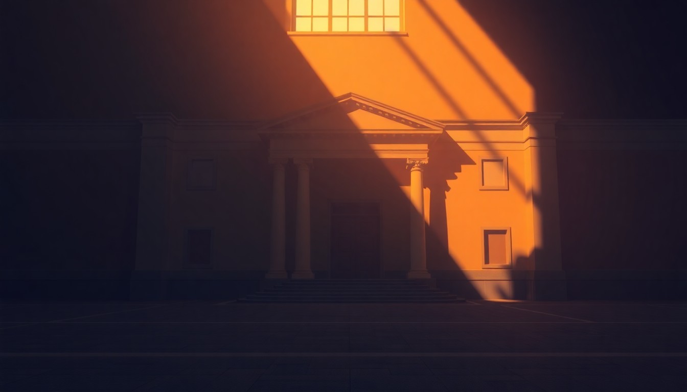 A photorealistic painting of an empty Albany City Hall building, with warm sunlight streaming through the windows and deep shadows across the facade, conveying a sense of quiet contemplation and uncertainty surrounding the city's budget crisis.