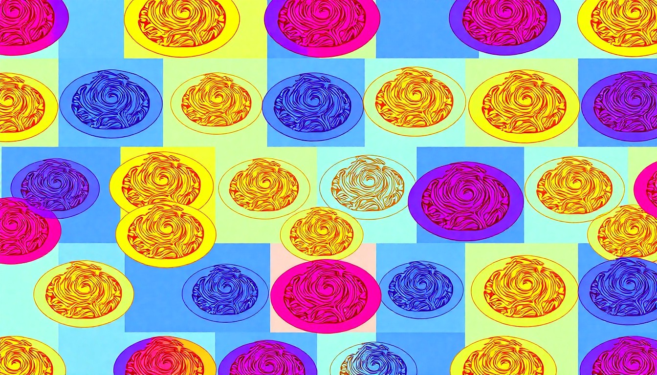 A brightly colored, high-contrast silkscreen print of a single, iconic pasta dish, such as a plate of spaghetti or a lasagna pan, repeated in a tight grid pattern. The image utilizes flat, vibrant, and unnatural neon color palettes overlapping with heavy black photographic outlines, turning an everyday Italian food item into modern pop art.