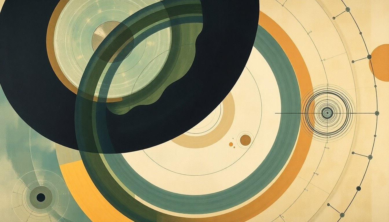 A highly structured abstract painting in muted earthy tones, featuring sweeping geometric arcs, concentric circles, and precise spirals, conceptually representing the complex scientific forces and technological advancements that will be the focus of UALR's federally-funded research projects.