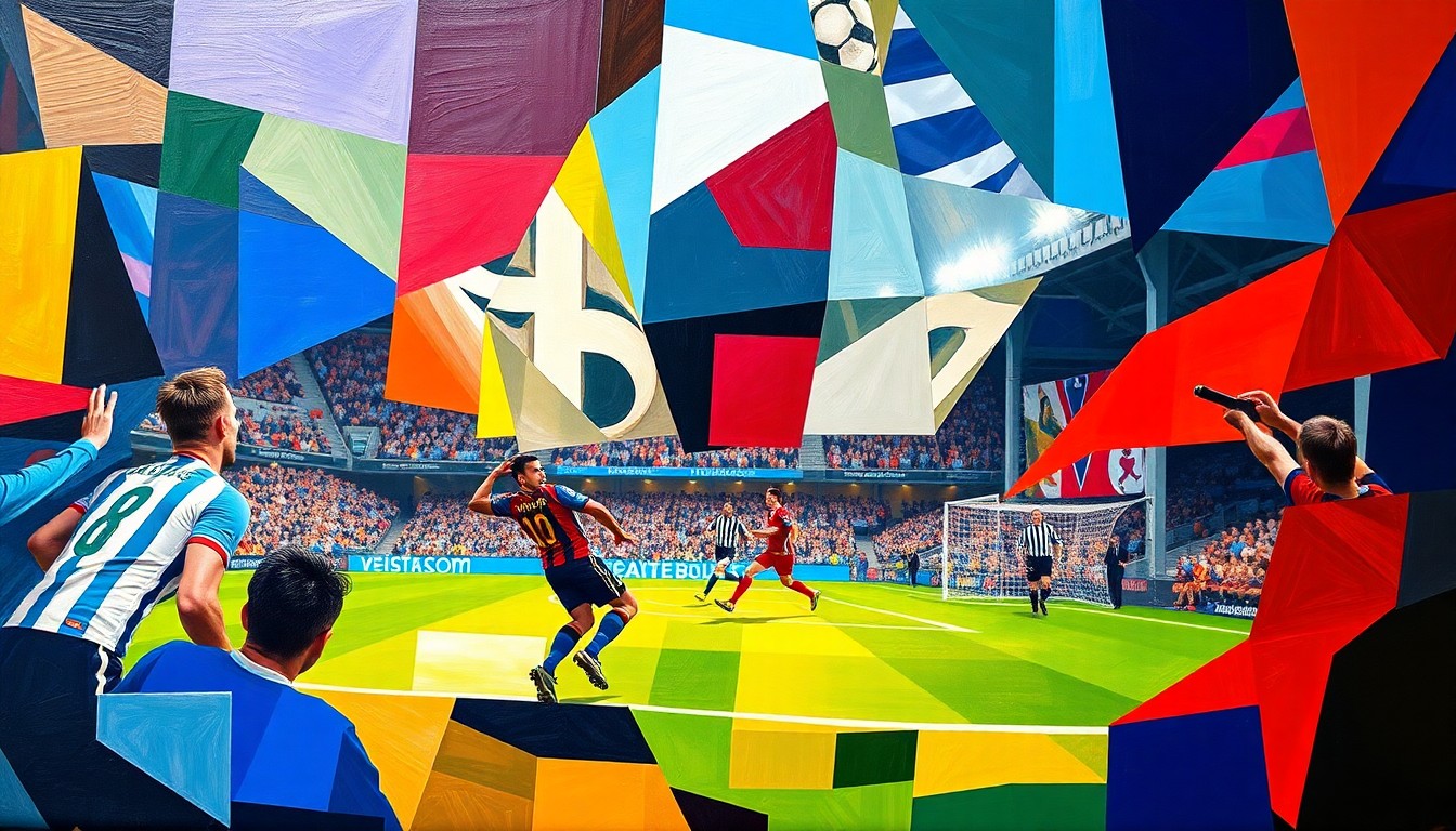 A cubist-style painting depicting the key moments of the Aston Villa vs Brighton match, with fragmented geometric shapes and planes representing the players, the ball, and the energy of the game.