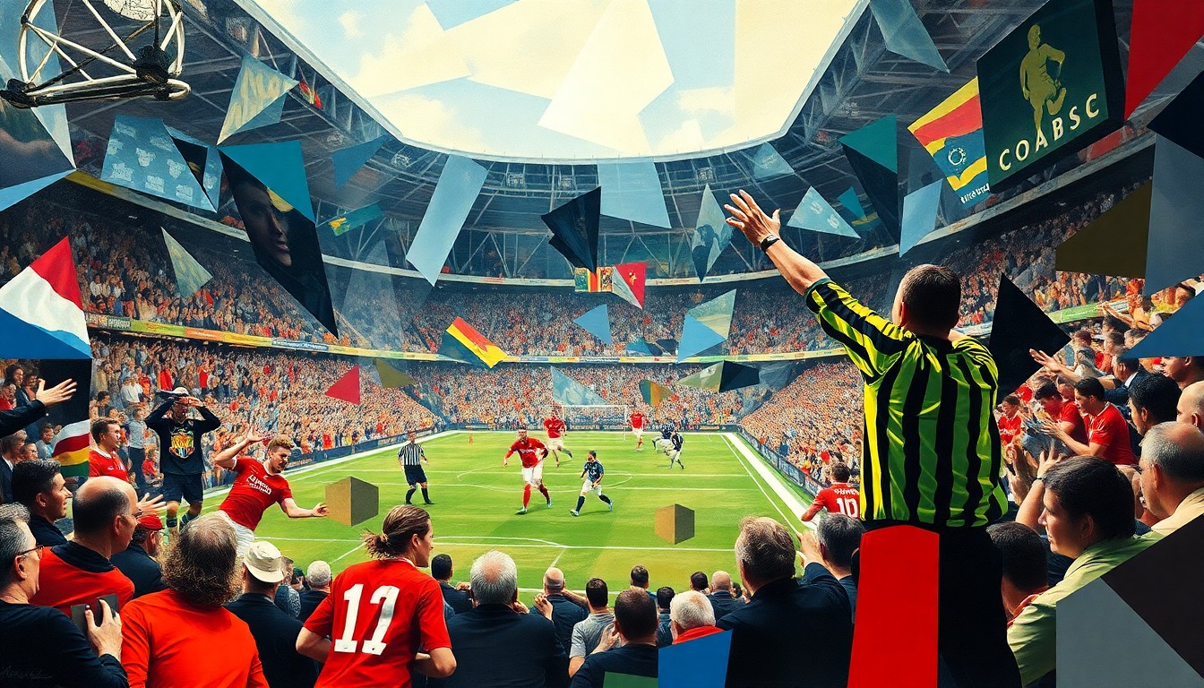 A fragmented, geometric painting depicting the intensity of a Championship football match, with players, fans, and the referee represented as angular, overlapping forms.