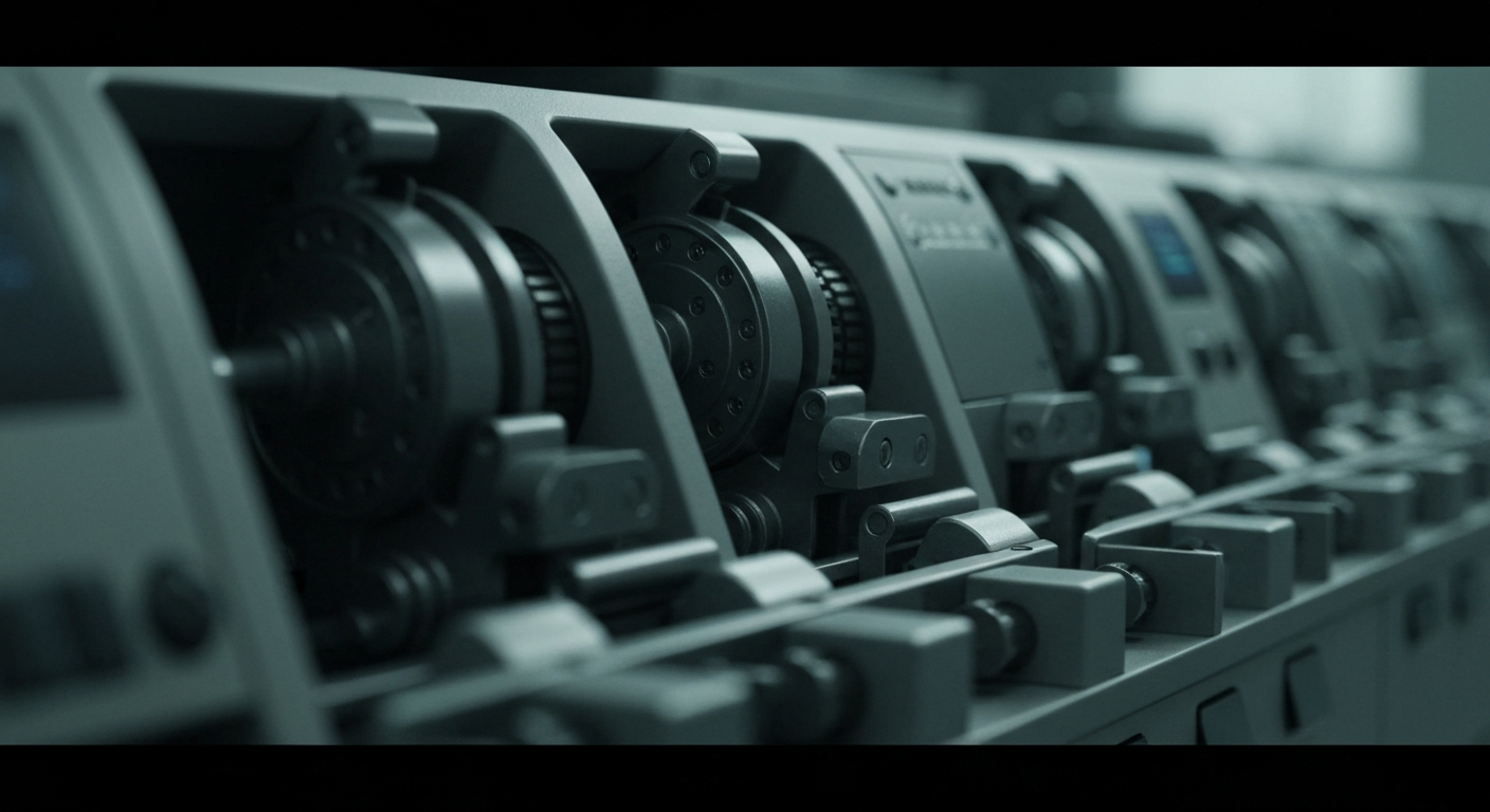 An extreme close-up of various gears, levers, and other industrial components that make up the inner workings of a banking or financial institution, conveying a sense of the complex, unseen infrastructure that underpins the modern economy.