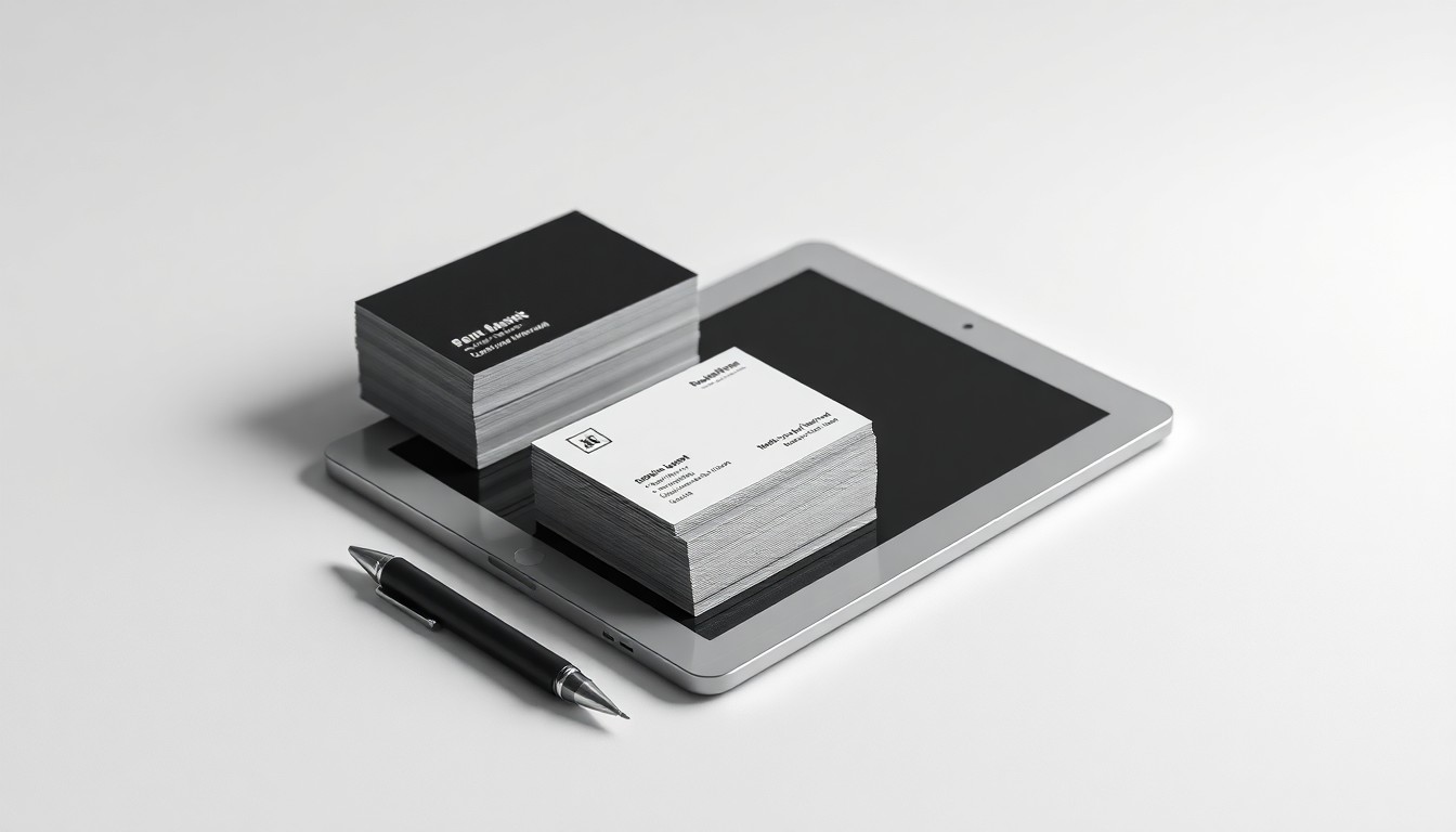 A photorealistic studio still life featuring a stack of business cards, a pen, and a tablet computer arranged on a clean, white background, conceptually representing the growth and strategic expansion of a direct marketing firm.